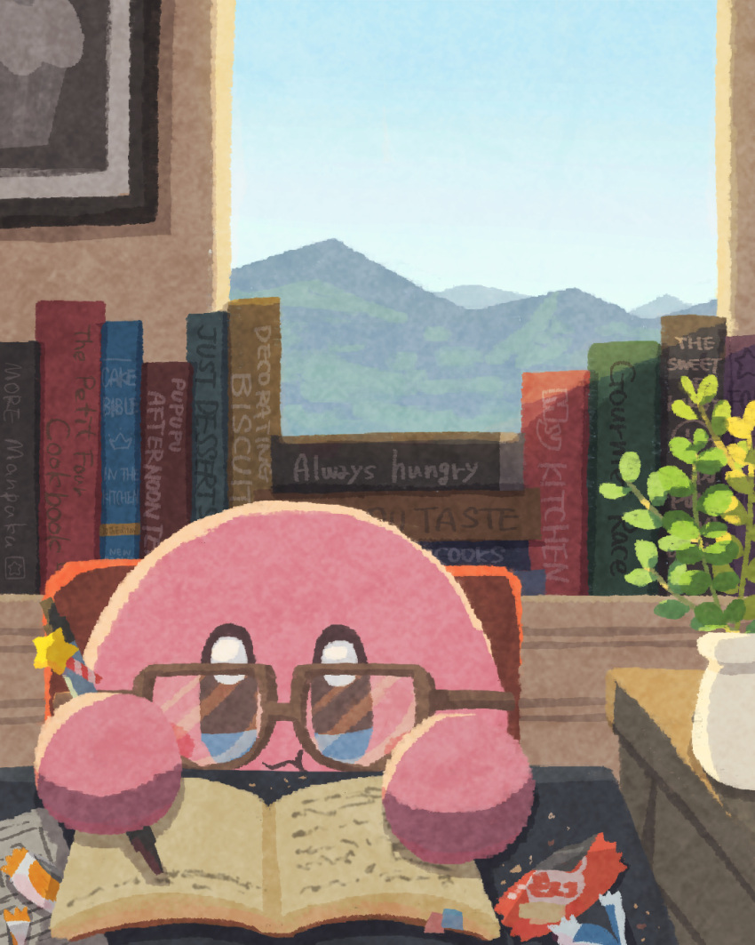 :t blue_eyes book candy_wrapper glasses highres holding holding_pencil indoors kirby kirby's_dream_land kirby_(series) miclot mountainous_horizon open_book pencil plant potted_plant scenery solo window writing
