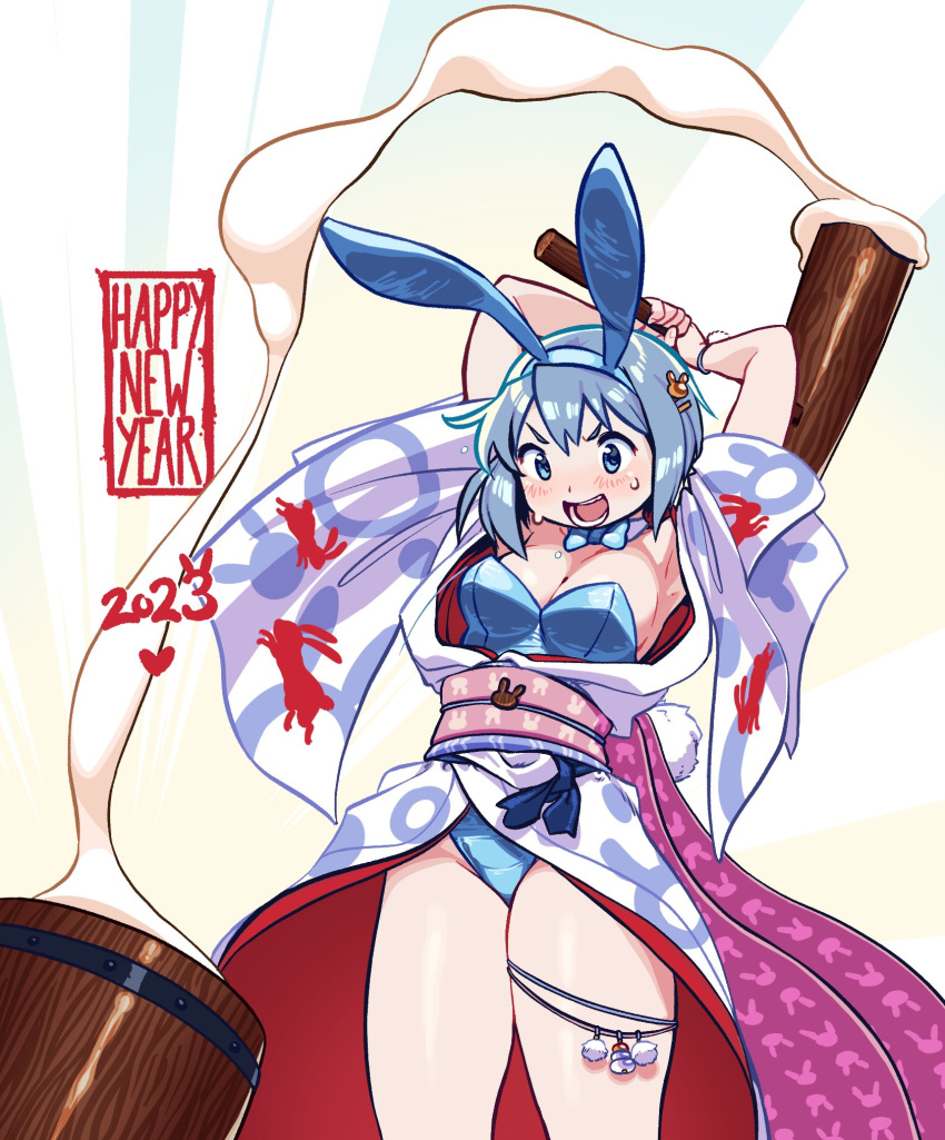 1girl 2023 alternate_costume animal_ears arms_up blue_eyes blue_hair blue_leotard blush breasts detached_sleeves english_commentary food gloamy groin hair_ornament highres japanese_clothes kimono kine leotard long_hair mahou_shoujo_madoka_magica mallet medium_breasts miki_sayaka mochi obi open_mouth rabbit_ears rabbit_hair_ornament rabbit_print sash short_hair solo sweat thighs white_background wide_sleeves