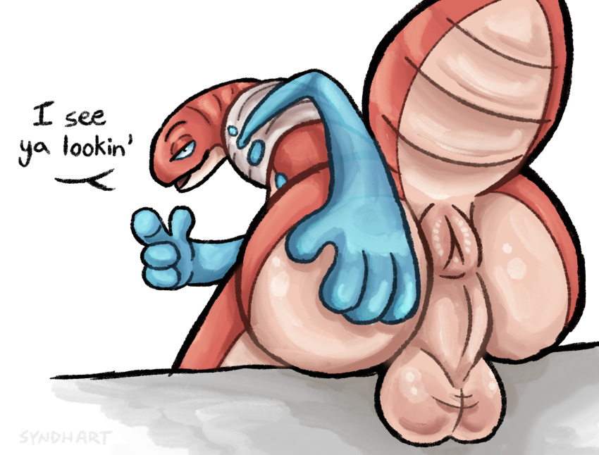 anthro anus balls butt dialogue generation_9_pokemon genitals gesture hi_res looking_at_viewer looking_back male nintendo orthworm pointing pokemon pokemon_(species) presenting presenting_hindquarters raised_tail solo syndhart tail worm