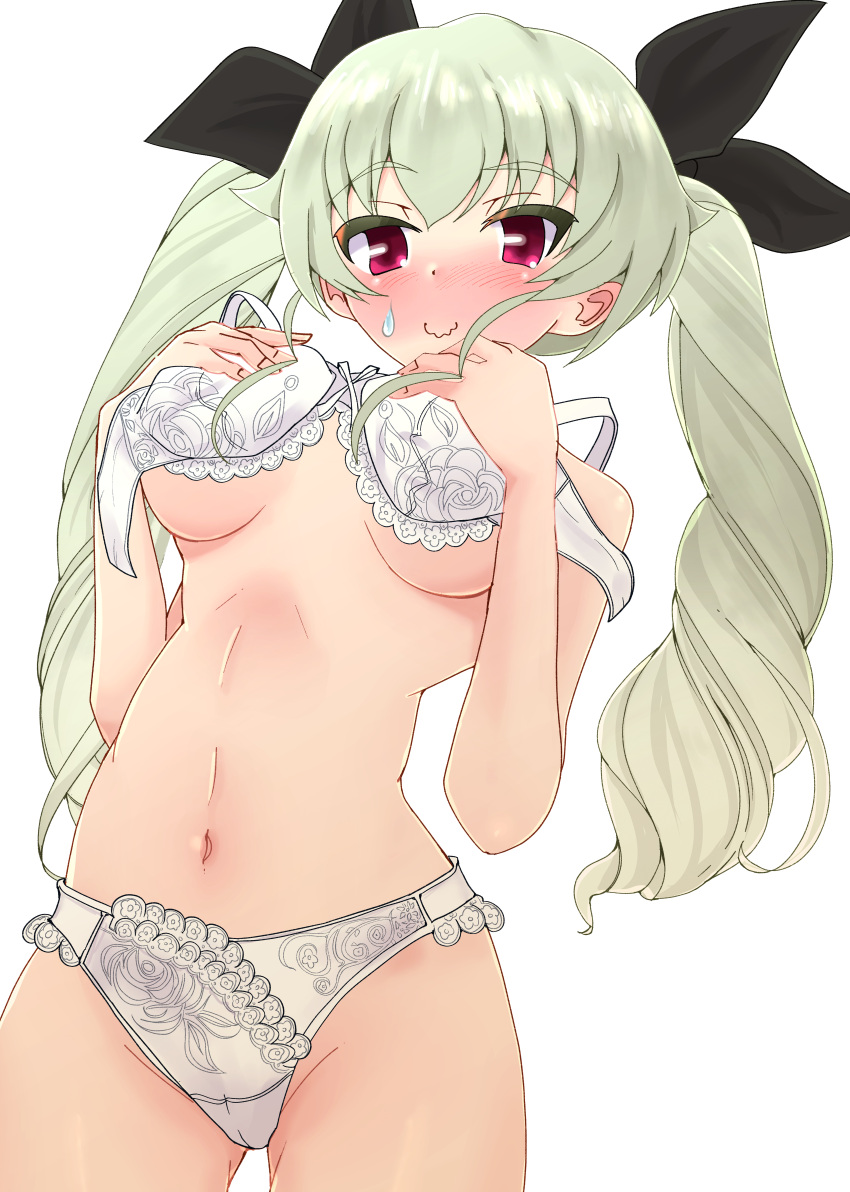 1girl absurdres anchovy_(girls_und_panzer) bangs black_ribbon blush bra breasts closed_mouth commentary_request commission covering covering_breasts cowboy_shot crotch_seam drill_hair girls_und_panzer green_hair hair_ribbon highres long_hair looking_at_viewer makura_ken medium_breasts navel open_bra panties pixiv_commission red_eyes ribbon simple_background smile solo standing sweatdrop twin_drills underwear underwear_only wavy_mouth white_background white_bra white_panties