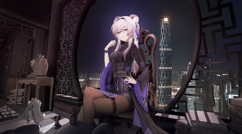 1girl animal_ears arknights bangs black_pantyhose book book_stack breasts buttons chair chess_piece crossed_legs double-breasted earrings hand_on_hip highres jewelry lin_yuhsia_(arknights) looking_at_viewer mouse_ears mouse_girl pantyhose plant potted_plant purple_eyes purple_hair ring rook_(chess) roupo99 sitting solo table vase