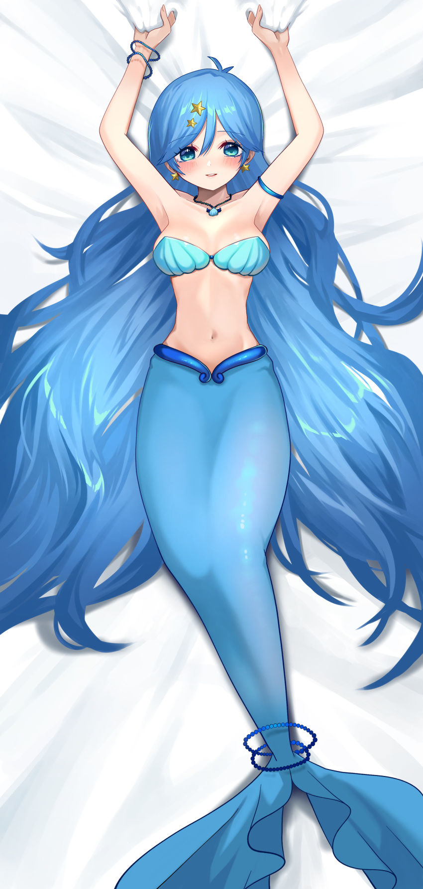 1girl absurdres armpits arms_up bangs bare_shoulders bed_sheet blue_eyes blue_hair blush bracelet breasts cleavage collarbone commentary_request commission dakimakura_(medium) earrings full_body hair_between_eyes hair_ornament highres houshou_hanon jewelry long_hair looking_at_viewer medium_breasts mermaid mermaid_melody_pichi_pichi_pitch momoman_(mochinko84) monster_girl navel necklace parted_lips shadow sheet_grab shell shell_bikini shell_necklace sidelocks skeb_commission smile solo star_(symbol) star_earrings star_hair_ornament stomach very_long_hair