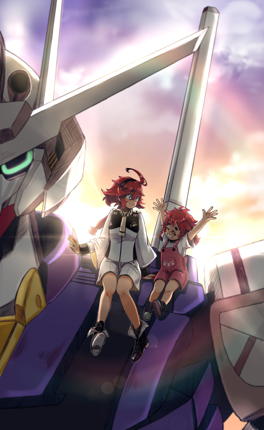 2girls absurdres aged_down ahoge asticassia_school_uniform bangs black_footwear black_hairband blue_eyes blush boots closed_mouth commentary_request ericht_samaya gundam gundam_aerial gundam_suisei_no_majo hair_between_eyes hairband happy highres jacket long_hair long_sleeves looking_at_another looking_to_the_side low_ponytail mecha mi_(27782900) mobile_suit multiple_girls open_mouth red_hair robot school_uniform short_hair shorts sitting smile spoilers suletta_mercury teeth thick_eyebrows twintails white_jacket white_shorts wide_sleeves