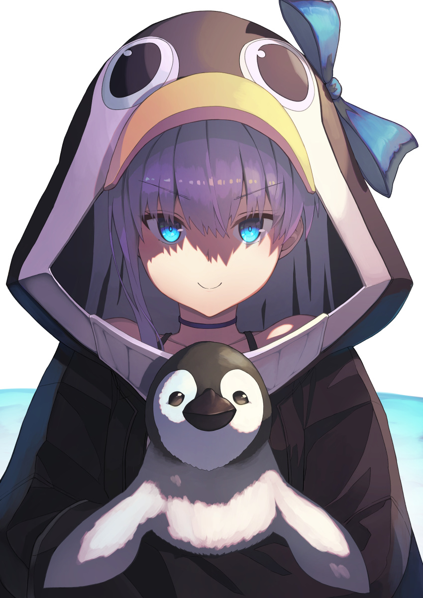 1girl absurdres animal animal_hood bird blue_bow blue_choker blue_eyes bow choker coat fate/grand_order fate_(series) highres himajin_pega holding holding_animal holding_bird hood long_hair meltryllis_(fate) meltryllis_(swimsuit_lancer)_(fate) penguin penguin_hood purple_hair smile