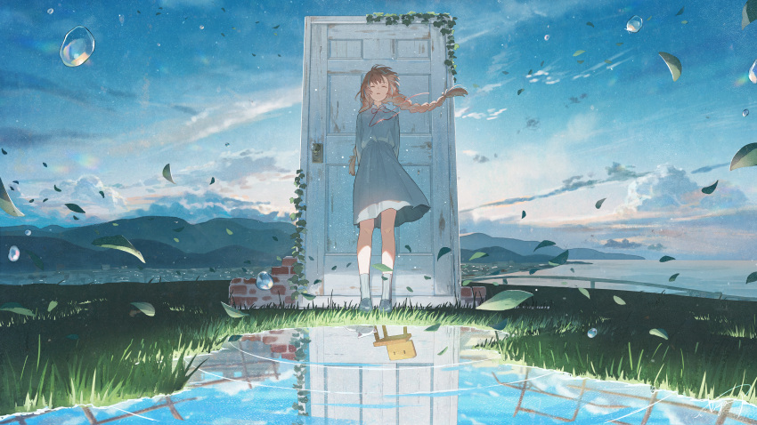 1girl absurdres aky_ami aqua_shirt aqua_skirt arms_behind_back bangs blue_sky braid brick_wall brown_hair cat chair closed_eyes cloud day door facing_viewer full_body grass highres leaf loafers long_hair long_sleeves mountain neck_ribbon no_reflection ocean open_mouth outdoors puddle red_ribbon ribbon scenery shirt shoes skirt sky socks solo standing suzume_(suzume_no_tojimari) suzume_no_tojimari twin_braids white_socks