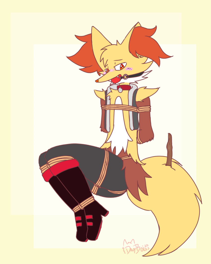 absurd_res anthro ball_gag bdsm bondage boots bound clothing collar davyboi delphox digital_drawing_(artwork) digital_media_(artwork) fan_character footwear gag generation_6_pokemon hi_res high_heels jacket male nintendo pokemon pokemon_(species) restraints rope rope_bondage solo topwear