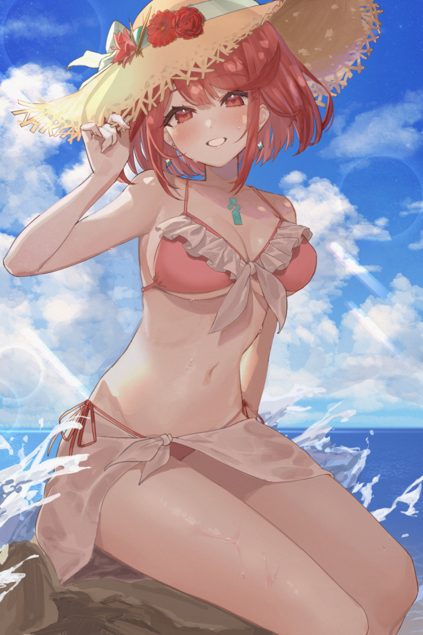 1girl alternate_costume bangs beach bikini blush breasts chest_jewel cleavage cloud collarbone commentary_request day earrings flower frilled_bikini frills hand_on_headwear hat hat_flower highres jewelry looking_at_viewer medium_breasts mia_cbx navel ocean outdoors parted_lips pyra_(xenoblade) red_bikini red_eyes red_flower red_hair red_rose revision rose sarong short_hair signature sitting sitting_on_rock smile solo splashing stomach straw_hat sun_hat sunlight swept_bangs swimsuit teeth upper_teeth_only water waves wet xenoblade_chronicles_(series) xenoblade_chronicles_2