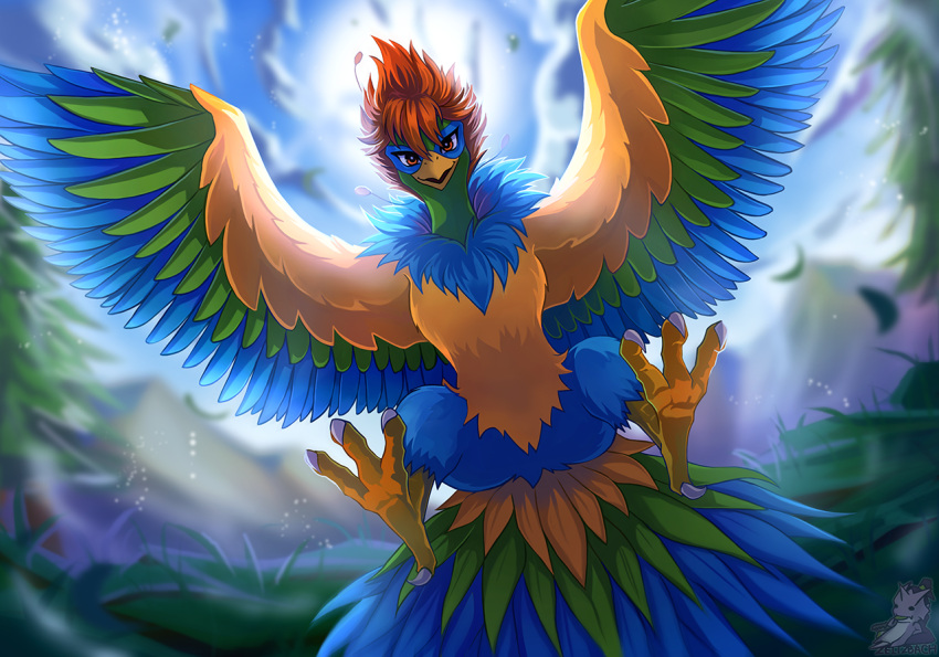 avian beak bird european_mythology feathered_wings feathers feral flying greek_mythology looking_at_viewer male mythological_avian mythological_firebird mythology outside peter_(shining_force_2) phoenix sega sky solo talons wings zeitzbach