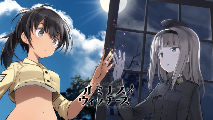 2girls black_eyes black_hair black_jacket blonde_hair blue_eyes blue_sky breasts brown_shirt cloud cloudy_sky dark-skinned_female dark_skin hairband hat highres jacket long_hair luminous_witches manaia_matawhaura_hato maria_magdalena_dietrich medium_breasts midriff military military_hat military_uniform multiple_girls navel official_art open_mouth shimada_fumikane shirt short_eyebrows sky sleeves_rolled_up sun teeth tree upper_teeth_only wind world_witches_series
