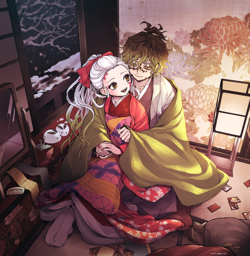 040shao 1boy 1girl absurdres bags_under_eyes birthmark black_kimono bow branch brown_eyes brown_hair card chrysanthemum closed_mouth coat collarbone comb daki_(kimetsu_no_yaiba) facial_mark fingernails floral_print flower from_above full_body green_coat gyuutarou_(kimetsu_no_yaiba) hair_bow hair_over_one_eye hair_pulled_back hanafuda happy highres holding_hands indoors japanese_clothes kimetsu_no_yaiba kimono lantern long_hair looking_at_another looking_away looking_back mirror multicolored_hair nail_polish new_year night no_shoes obi off_shoulder on_floor open_mouth open_window origami paper_crane paper_lantern pillow plantar_flexion ponytail red_bow red_coat red_kimono red_nails sash sharp_fingernails sitting sleeves_past_wrists sliding_doors smile snow_bunny snowing socks streaked_hair tabi tassel tatami two-tone_hair white_hair white_socks wide_sleeves window winter