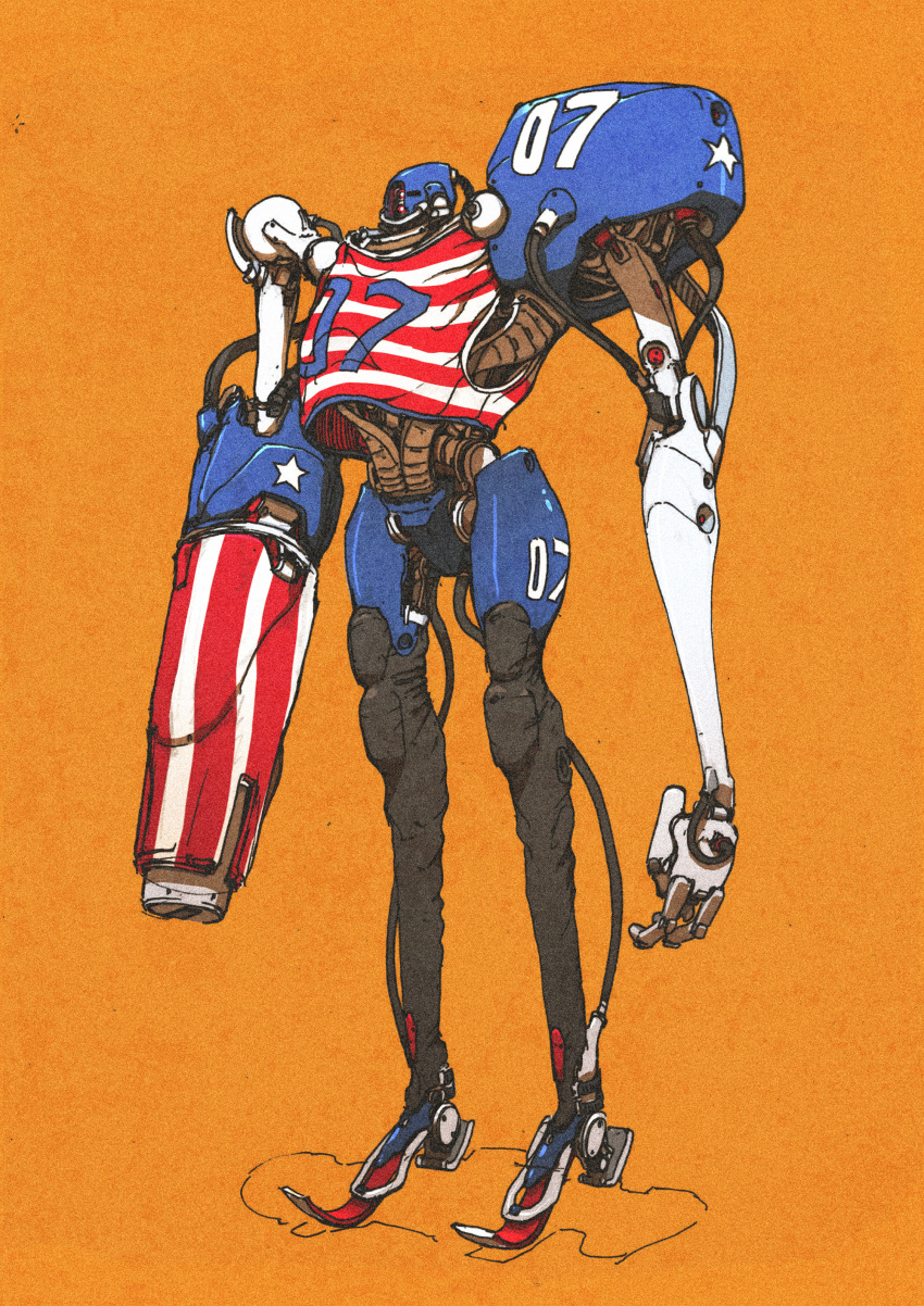 absurdres american_flag american_flag_print arm_cannon commentary english_commentary flag_print full_body highres looking_ahead mecha no_humans orange_background original procreate_(medium) red_eyes robot science_fiction simple_background solo standing weapon wokkie