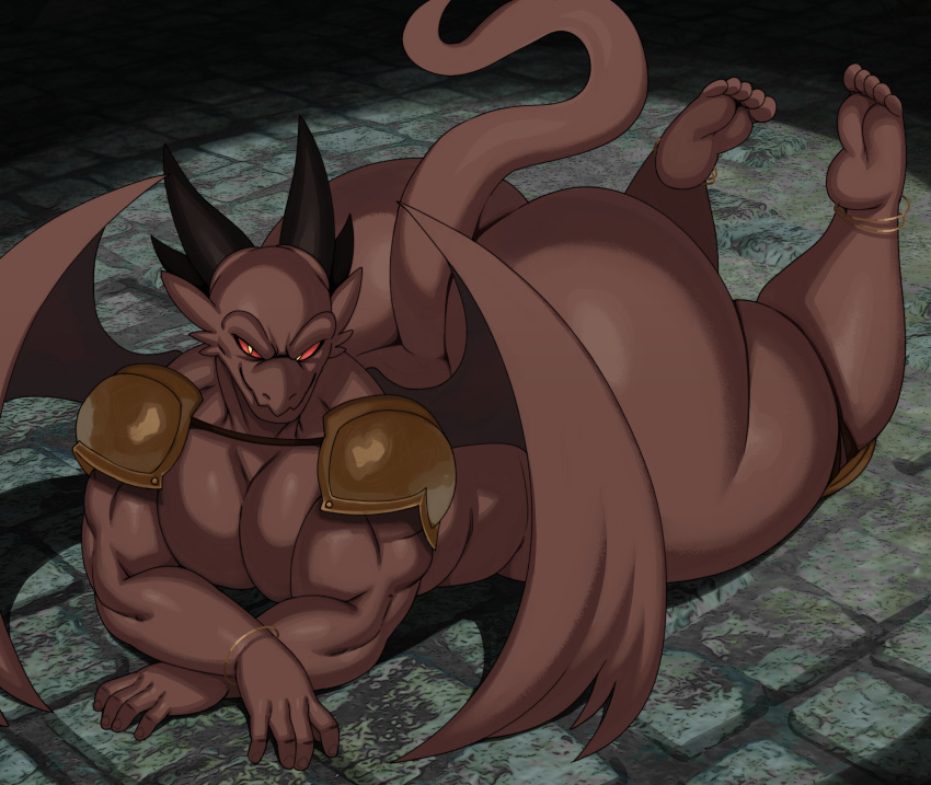 absurd_res anthro armor big_butt bottomless bottomless_male butt clothed clothing demon digital_media_(artwork) dragon feet gorwyll hi_res huge_butt lying male on_front red_eyes smile smirk solo sssonic2 tail thick_thighs wings