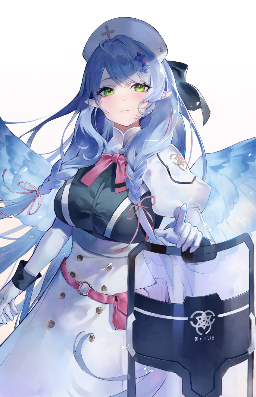 1girl absurdres bangs blue_archive blue_hair blue_wings blush bow bowtie braid breasts dress gloves green_eyes hair_ribbon halo hat highres juliet_sleeves large_breasts long_hair long_sleeves looking_at_viewer low_twin_braids low_wings megu_(pixiv9460065) mine_(blue_archive) nurse_cap pink_bow pink_bowtie pink_ribbon pointy_ears puffy_sleeves ribbon riot_shield shield solo swept_bangs twin_braids white_dress white_gloves wings
