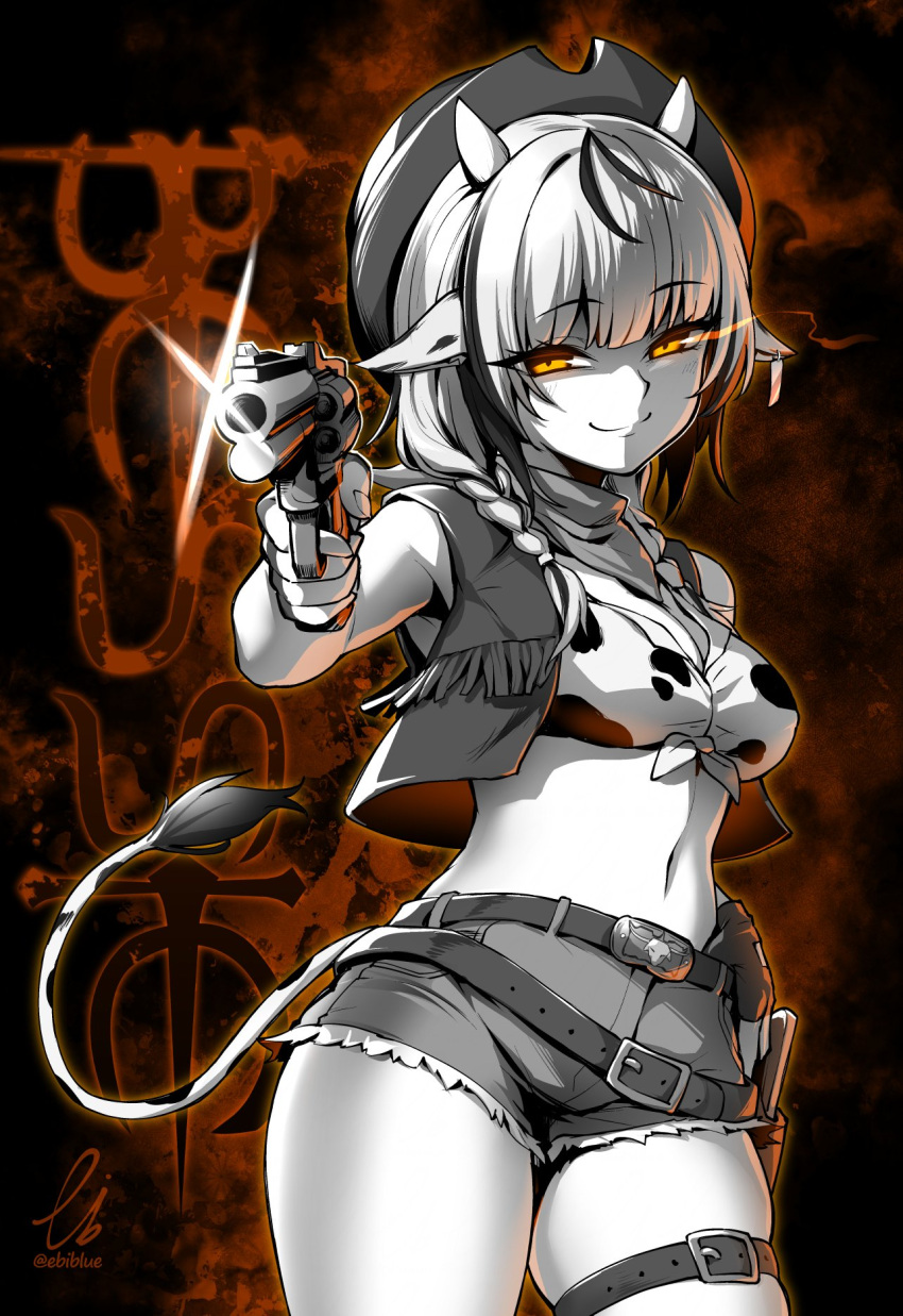 1girl animal_ears animal_print belt breasts cleavage closed_mouth cow_ears cow_girl cow_horns cow_print cow_tail cowboy_hat cowboy_western denim denim_shorts ebiblue fingerless_gloves gloves greyscale gun handgun hat highres horns looking_at_viewer midriff monochrome navel neckerchief orange_eyes original pointing pointing_at_viewer shirt shorts skindentation small_breasts smile solo spot_color tail tied_shirt vest weapon