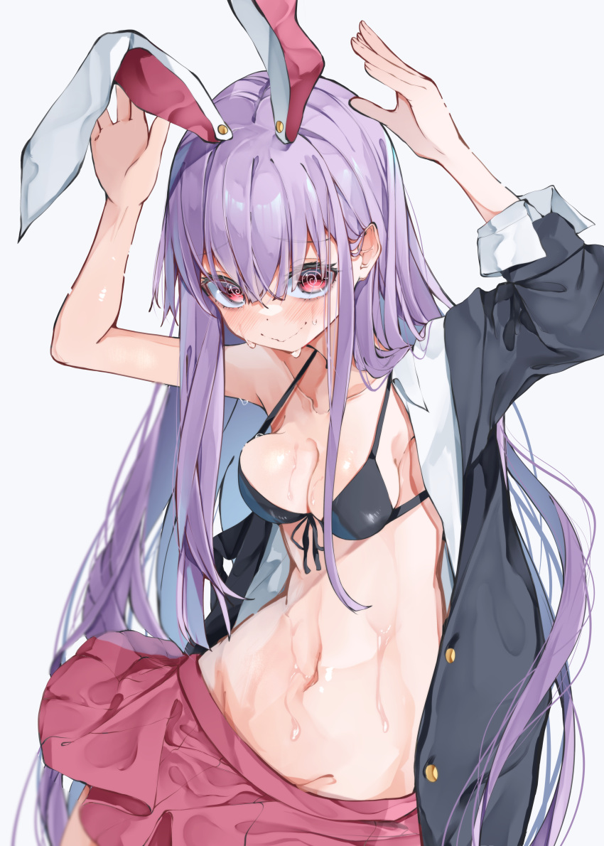 1girl @_@ absurdres animal_ears bangs bikini blush breasts bunny_pose cleavage extra_ears grey_background groin hair_behind_ear hair_between_eyes hands_up highres jacket large_breasts long_hair looking_at_viewer navel open_clothes open_jacket pink_skirt rabbit_ears red_eyes reisen_udongein_inaba simple_background skirt smile solo sweat swimsuit touhou tsune_(tune) very_long_hair wet white_background