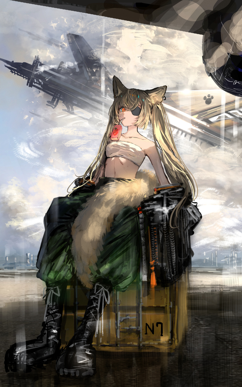 1girl absurdres aircraft airfield airplane animal_ear_fluff animal_ears bandeau bangs bare_arms bare_shoulders belly black_footwear black_jacket blue_sky boots breasts brown_hair brown_tail cat_ears cat_girl cat_tail cloud cloudy_sky collarbone combat_boots commentary_request crate crossed_bangs day drinking_straw earpiece eyepatch fighter_jet gawako green_pants head_tilt highres jacket jet juice juice_box long_hair looking_at_viewer military military_vehicle navel off_shoulder original outdoors pants parted_lips red_eyes runway shiny_hair sidelocks sitting sky slit_pupils small_breasts solo tail taking_off twintails very_long_hair white_bandeau