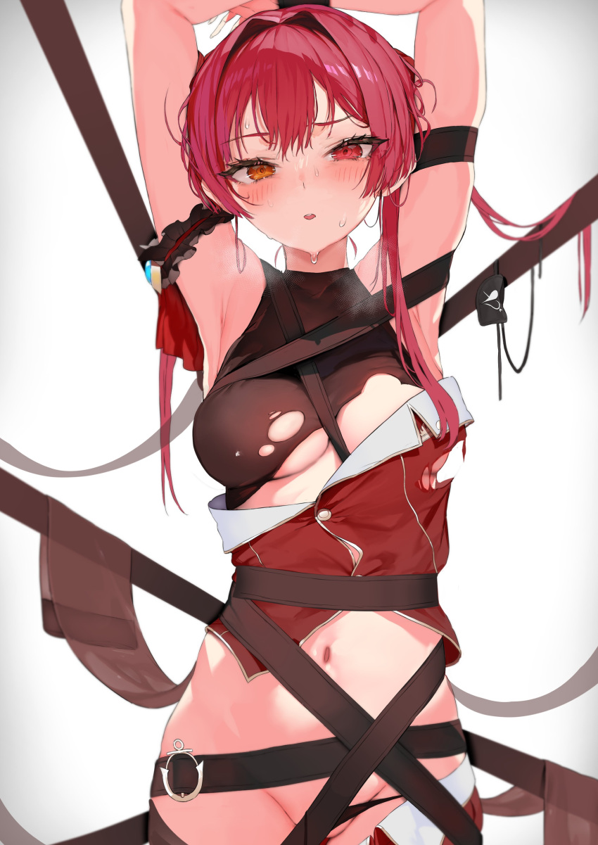 1girl absurdres arm_garter armpits arms_up black_panties blush bound bound_wrists breasts brown_ribbon clothes_pull eyepatch eyepatch_removed fang furrowed_brow groin heterochromia highres hololive houshou_marine long_hair lowleg lowleg_panties medium_breasts navel nervous_smile orange_eyes panties pomesaurus red_eyes red_hair red_skirt red_vest revision ribbon shirt_pull skirt skirt_pull smile solo sweat twintails underwear vest virtual_youtuber
