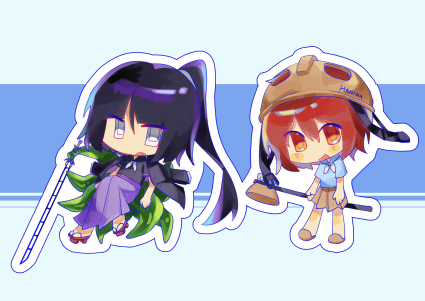 2others adagumo_no_yaorochi adapted_costume alternate_costume androgynous annoyed bare_arms bare_legs black_hair black_jacket black_sailor_collar black_shirt blue_background blue_sailor_collar blue_shirt blush_stickers bottle_opener brown_helmet brown_skirt brown_slippers chibi collared_jacket commentary double-parted_bangs fang frown geta grey_eyes grey_neckerchief hair_between_eyes hair_tie hammer happy helmet high-waist_skirt high_side_ponytail highres holding holding_hammer holding_sword holding_weapon jacket jacket_on_shoulders katano_sukune katano_sukune's_bottle_opener len'en long_hair long_skirt medium_hair midriff_peek miniskirt multiple_others multiple_tails musical_note neckerchief open_mouth orange_eyes other_focus outline pleated_skirt prehensile_tail purple_skirt re1re133 red_hair red_sandals sailor_collar sandals school_uniform serafuku shirt short_sleeves skirt slippers smile snake_tail sword sword_of_kusanagi tail tasouken very_long_hair weapon white_outline