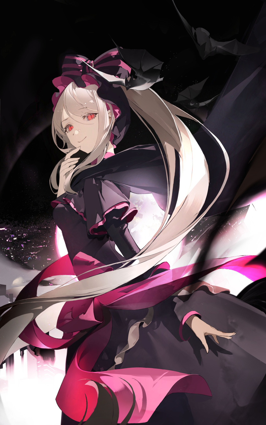 1girl absurdres black_background black_bow black_dress bow breasts brown_hair character_request chongzhen_085 dress hair_bow hand_up highres long_hair long_sleeves looking_at_viewer overlord_(maruyama) red_eyes simple_background slit_pupils small_breasts smile solo very_long_hair