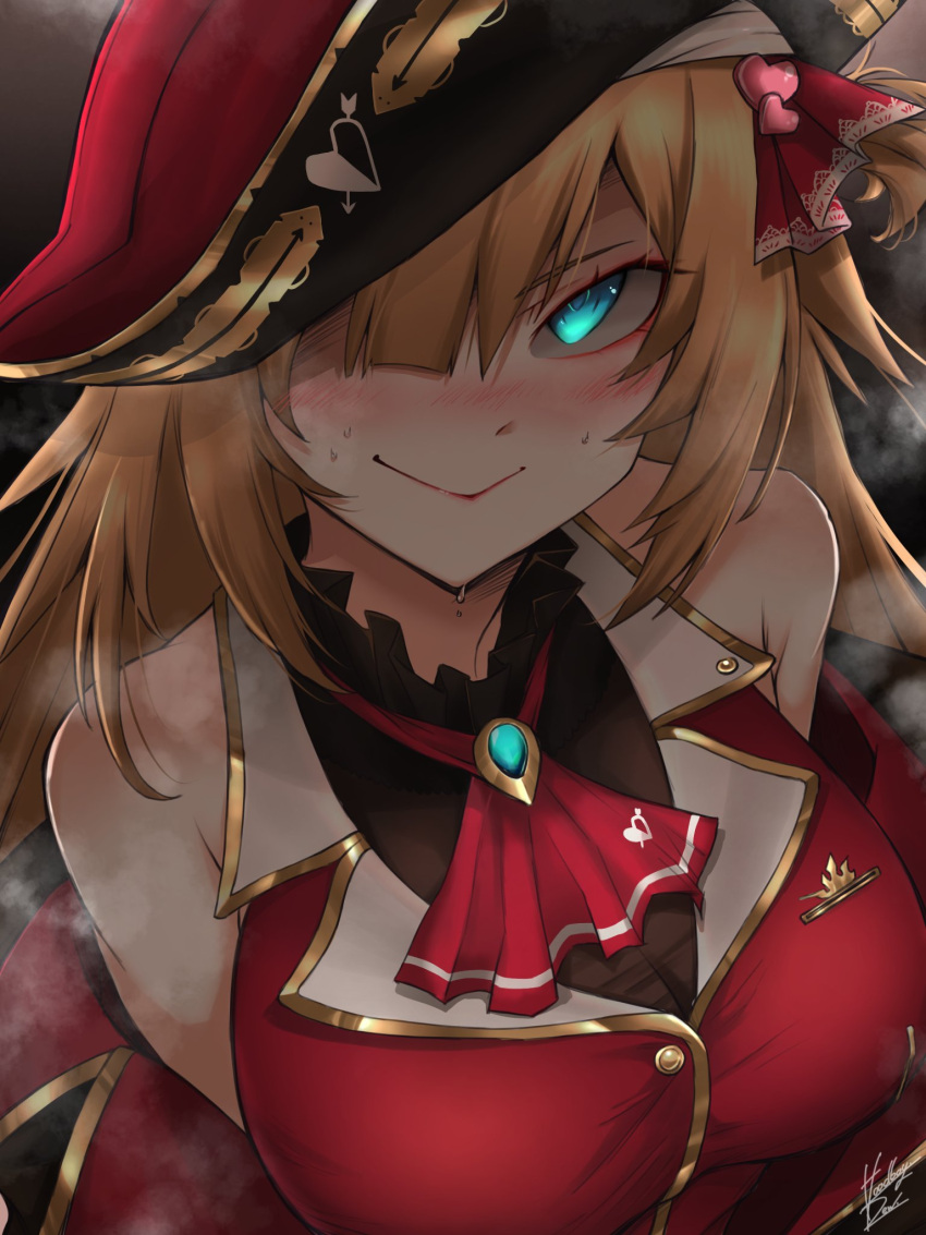 1girl akai_haato ascot bangs bicorne black_choker black_headwear black_jacket black_leotard blonde_hair blue_eyes blush breasts brooch choker cleavage cosplay cropped_jacket frilled_choker frills hair_ornament hair_over_one_eye hair_ribbon hat heart heart_hair_ornament highres hololive hoodboy49009174 houshou_marine houshou_marine_(cosplay) jacket jewelry large_breasts leotard leotard_under_clothes long_hair looking_at_viewer multicolored_clothes multicolored_jacket off_shoulder pirate_hat red_ascot red_jacket red_ribbon ribbon smile twintails two-tone_jacket virtual_youtuber