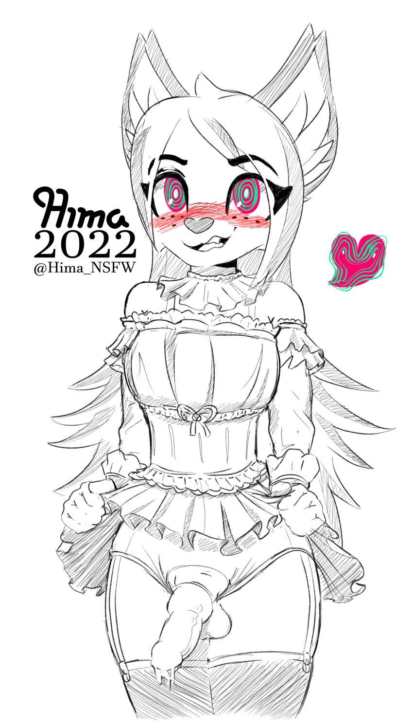 &lt;3 absurd_res anthro black_and_white blush blush_lines bodily_fluids bottomwear canid canine clothed clothing clothing_lift cum cum_on_penis female fox genital_fluids genitals gynomorph hi_res hima_nsfw himalaya_(hima_nsfw) hypnosis intersex knot lingerie maid_uniform mammal mind_control monochrome penis sketch skirt skirt_lift smile solo uniform