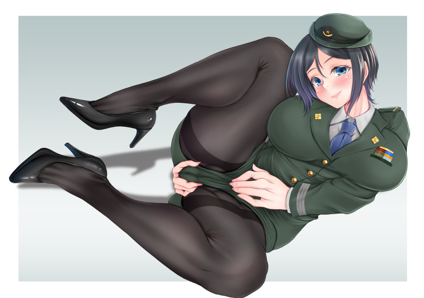1girl absurdres bangs black_footwear black_hair black_pantyhose blue_eyes blue_necktie blush breasts cameltoe chouno_ami closed_mouth commentary commission covering covering_crotch dress_shirt english_commentary female_service_cap girls_und_panzer green_headwear green_jacket green_skirt grey_background head_tilt high_heels highres jacket large_breasts leg_up legs long_sleeves looking_at_viewer lying military military_uniform miniskirt mixed-language_commentary necktie on_side outside_border pantyhose pencil_skirt pixiv_commission shadow shirt short_hair siki2046 skirt skirt_tug smile solo spread_legs swept_bangs thighband_pantyhose toe_cleavage uniform white_shirt wing_collar