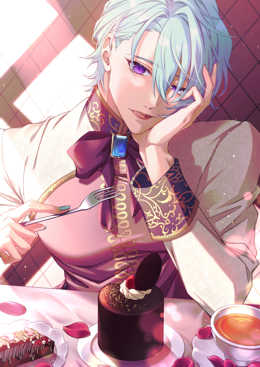 1boy :p absurdres aqua_nails argyle argyle_background asymmetrical_bangs bangs blue_gemstone blue_hair bow bowtie brooch cake chocolate_cake cup food fork gem hair_between_eyes hanaco_(hanaco_1230) hand_on_own_face head_rest highres holding holding_fork jacket jewelry lens_flare light_blue_hair light_particles looking_at_viewer male_focus multicolored_clothes multicolored_jacket original patterned_clothing pectorals petals pink_jacket plate purple_bow purple_bowtie purple_eyes rose_petals saucer short_hair sleeve_cuffs solo table tea teacup tongue tongue_out two-tone_jacket uneven_eyes upper_body white_jacket