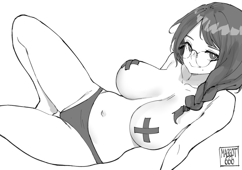1girl artist_name bangs black_hair braid braided_ponytail breasts breasts_apart bright_pupils closed_eyes collarbone cross_pasties glasses greyscale hair_over_shoulder highres large_breasts long_hair looking_at_viewer lying mole mole_on_cheek mole_under_mouth monochrome navel norman_maggot on_back original panties pasties simple_background smile solo stephanie_(ol-chan) swept_bangs topless underwear white_background