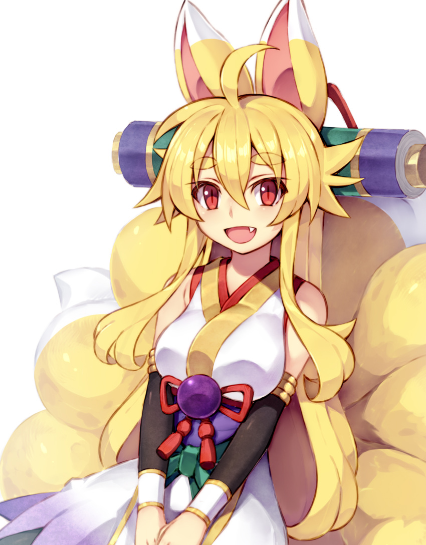 1girl :d ahoge animal_ears blonde_hair breasts dated_commentary fang fox_ears fox_girl fox_tail hair_between_eyes highres izuna_(shinrabanshou) japanese_clothes kitsune long_hair looking_at_viewer medium_breasts multiple_tails open_mouth red_eyes saru_000 shinrabanshou simple_background slit_pupils smile solo tail thick_eyebrows white_background