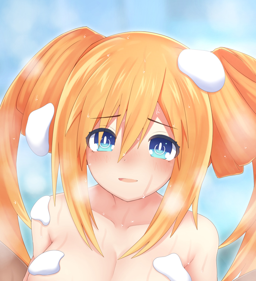 1girl blue_eyes blush breasts hair_rings highres katade looking_at_viewer neptune_(series) nude orange_hair orange_heart paid_reward_available power_symbol shin_jigen_game_neptune_vii smile symbol-shaped_pupils twintails upper_body wet