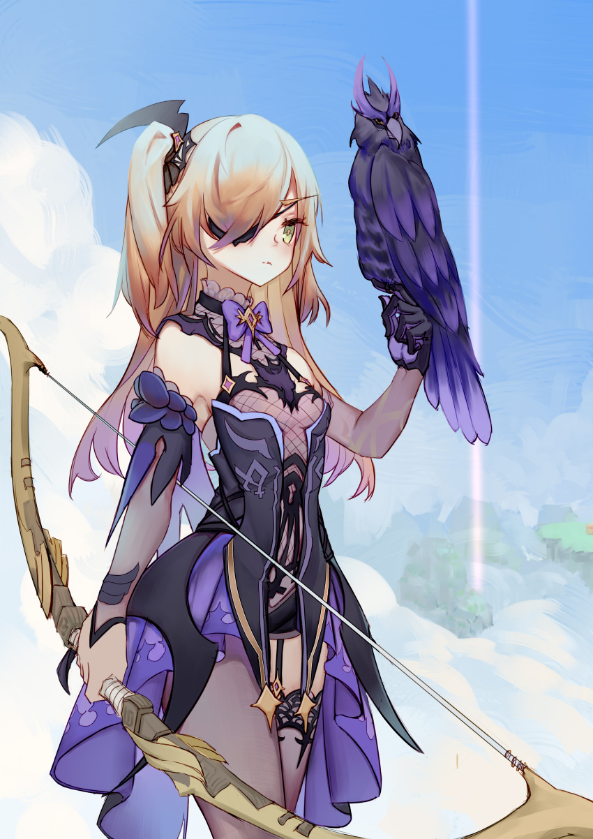1girl absurdres animal_on_arm arch bangs bare_shoulders bat_ornament bird bird_on_arm black_ribbon blonde_hair blush bow bow_(weapon) bowtie breasts chuunibyou cloud collar concentrating crow dress eyepatch fischl_(genshin_impact) garter_straps genshin_impact gloves green_eyes hair_over_one_eye hair_ribbon high_heels highres holding holding_bow_(weapon) holding_weapon leotard long_hair looking_at_viewer medium_breasts mirror_image mountain open_mouth oz_(genshin_impact) purple_bow purple_bowtie purple_ribbon qq742746059 ribbon serious simple_background single_sleeve single_thighhigh solo tailcoat thighhighs two_side_up valley weapon