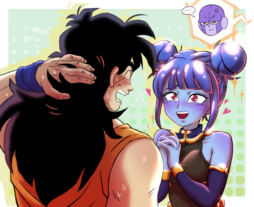 ... 1girl 2boys absurdres anger_vein arm_behind_head black_hair blue_hair blue_skin blush closed_eyes colored_skin commentary detached_sleeves double_bun dragon_ball dragon_ball_heroes dragon_ball_super english_commentary flying_sweatdrops hair_bun heart hetero highres hit_(dragon_ball) multiple_boys open_mouth own_hands_clasped own_hands_together pea-bean purple_skin red_eyes shiny_clothes smile spoken_character spoken_ellipsis sweat teeth unamused vidro_(dragon_ball) yamcha