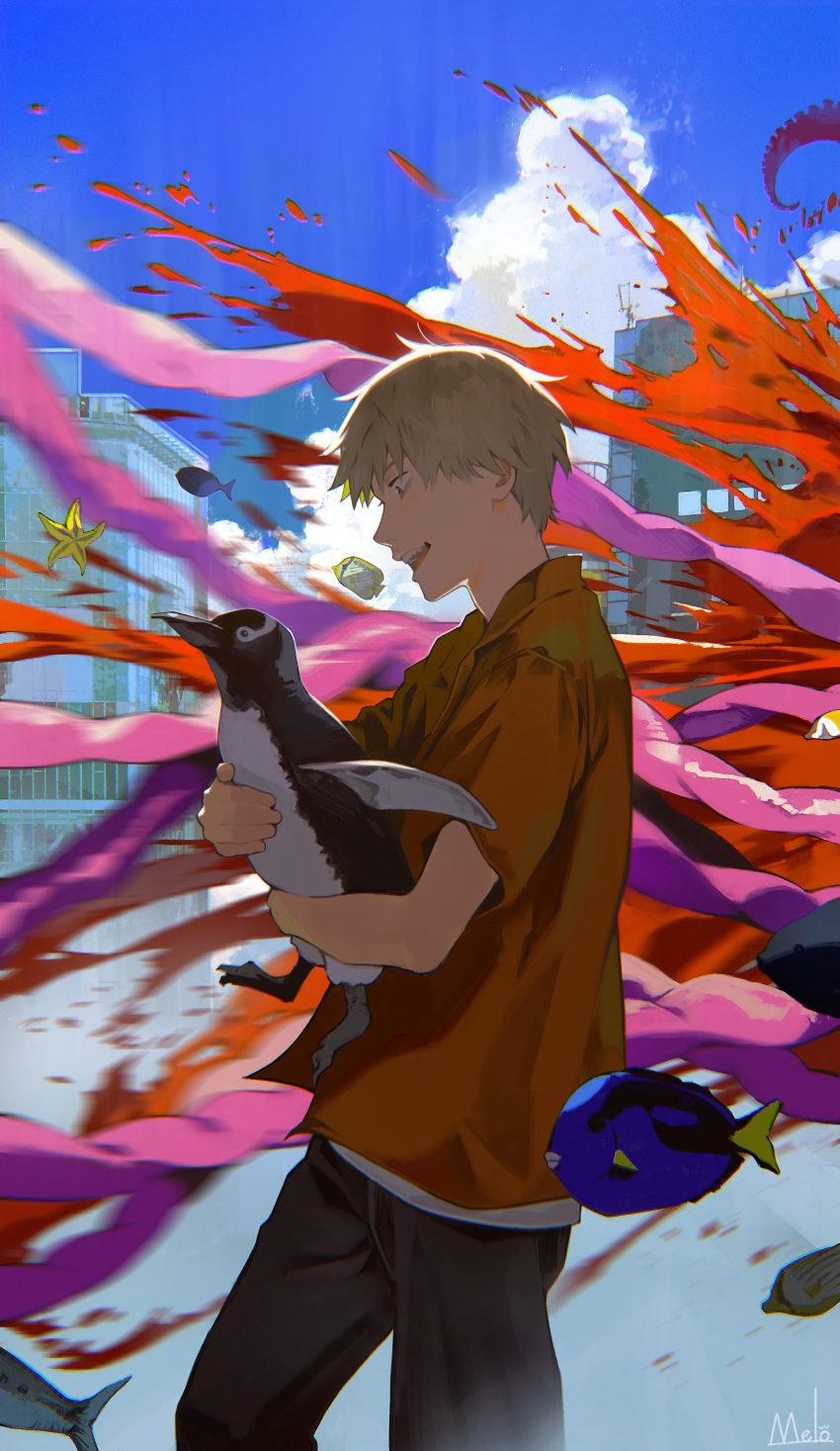 1boy absurdres animal_hug artist_name bird blonde_hair blood blood_spray blue_sky carrying chainsaw_man denji_(chainsaw_man) fish halftone highres intestines kyuuba_melo looking_at_another looking_down motion_blur open_mouth orange_shirt penguin shirt short_hair sky smoke solo_focus starfish