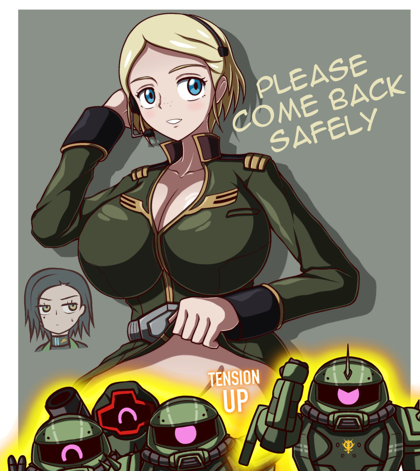 2girls absurdres black_hair blonde_hair blue_eyes blush breasts closed_mouth clothes_lift clothes_pull commentary comoli_harcourt dom_(mobile_suit) english_text forehead glowing glowing_eye gundam gundam_gquuuuuux highres holding jacket large_breasts long_sleeves looking_at_viewer mecha military_uniform mobile_suit mole mole_under_eye multiple_girls navel one-eyed open_mouth pulling_own_clothes red_eyes robot science_fiction sepha_(gundam_gquuuuuux) shirt short_hair shoulder_spikes skirt skirt_pull smile spikes sweatdrop weapon zaku_ii zaku_ii_s zeon zeon132