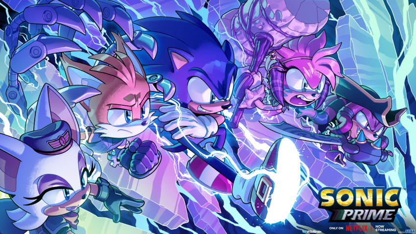 2girls 3boys absurdres amy_rose beret copyright copyright_name electricity evan_stanley gloves hammer hat highres knuckles_the_echidna mechanical_tail multiple_boys multiple_girls nine_(sonic) official_art pirate_hat rouge_the_bat running sonic_(series) sonic_prime sonic_the_hedgehog sword tail tails_(sonic) weapon