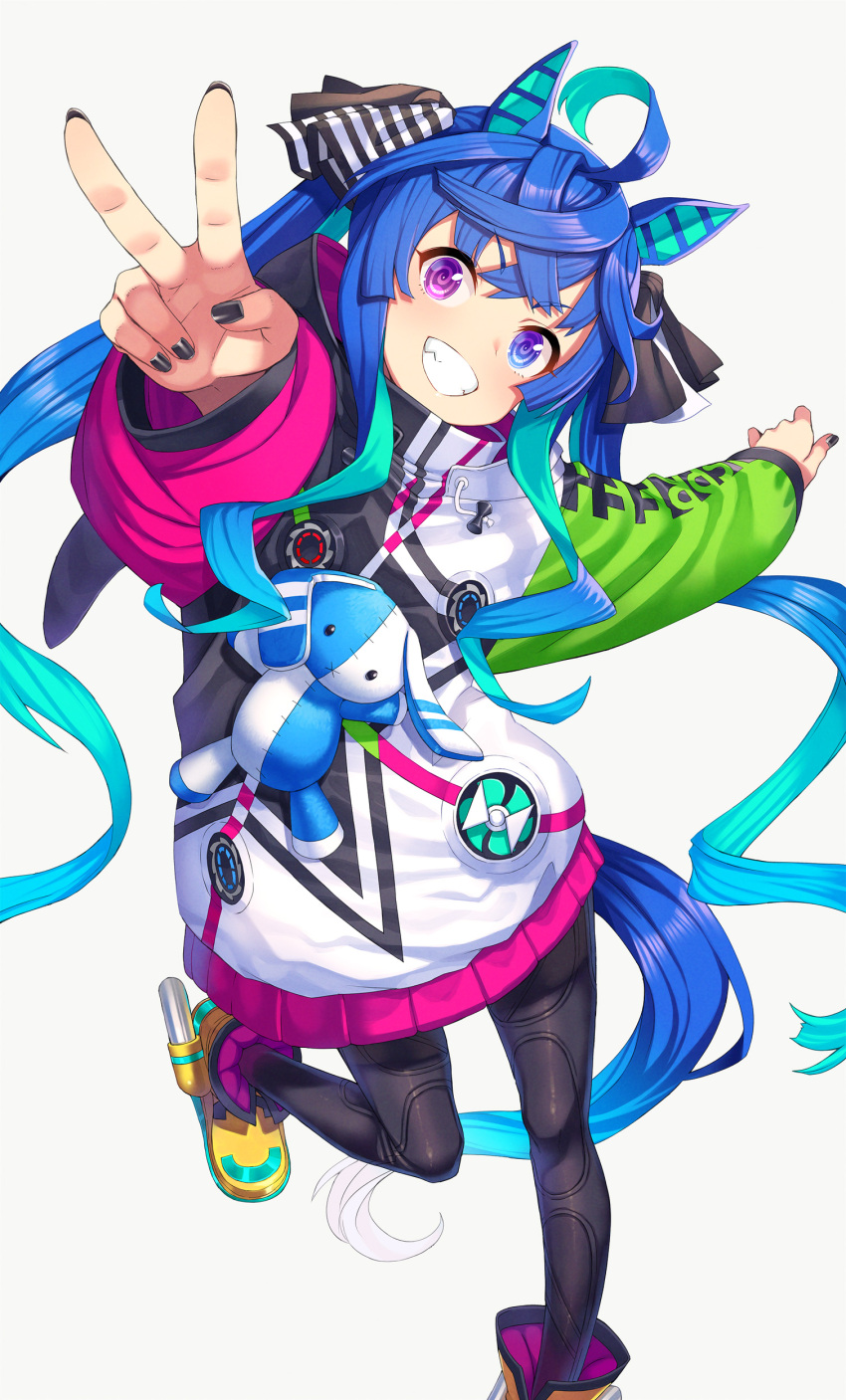 1girl absurdres ahoge animal_ears bangs black_nails black_pantyhose blue_eyes breasts crossed_bangs grey_background grin heterochromia highres hood hoodie horse_ears horse_girl horse_tail itou_(onsoku_tassha) long_hair long_sleeves looking_at_viewer outstretched_arm pantyhose purple_eyes simple_background smile solo standing standing_on_one_leg stuffed_animal stuffed_bunny stuffed_toy tail twin_turbo_(umamusume) twintails umamusume v v-shaped_eyebrows yellow_footwear