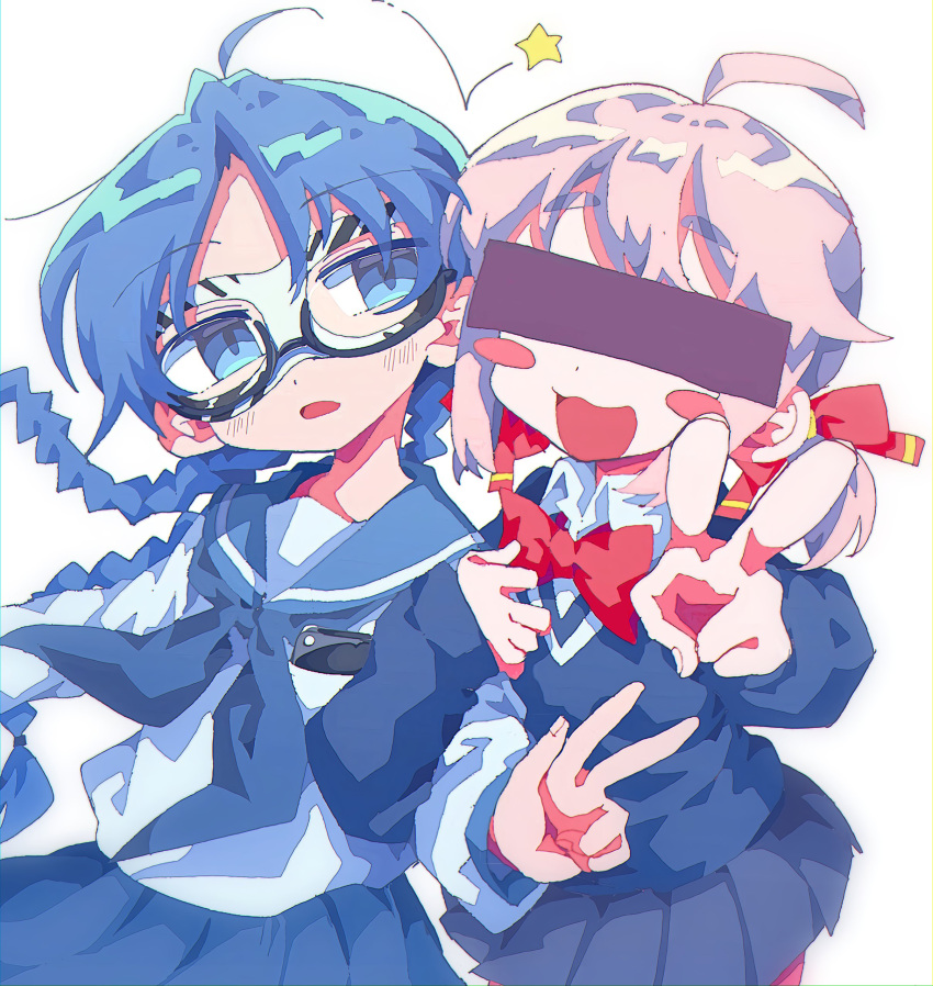 2girls absurdres ahoge aruko_okara black_skirt blue_cardigan blue_eyes blue_hair blue_neckerchief blue_sailor_collar blush blush_stickers bow bowtie braid breast_pocket cardigan cellphone censored collared_shirt cowboy_shot domino_mask floating_hair glasses hair_bow highres holding_another's_arm identity_censor indie_virtual_youtuber leaning_forward leaning_on_person long_hair looking_at_another low_twintails mask mekziro multiple_girls neckerchief outstretched_arm phone pink_hair pleated_skirt pocket red_bow red_bowtie sailor_collar school_uniform serafuku shirt short_eyebrows short_hair short_twintails simple_background skirt smartphone star_(symbol) thick_eyebrows twin_braids twintails v w white_background white_serafuku white_shirt zanko