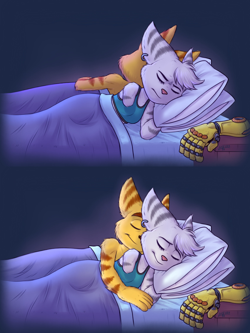 absurd_res anthro bed cuddling duo embrace female fur furniture happy hi_res hug lombax luchosfactory male male/female mammal ratchet ratchet_and_clank rivet_(ratchet_and_clank) romantic romantic_ambiance romantic_couple shirtless_male sleeping smile sony_corporation sony_interactive_entertainment story story_in_description striped_body striped_fur stripes