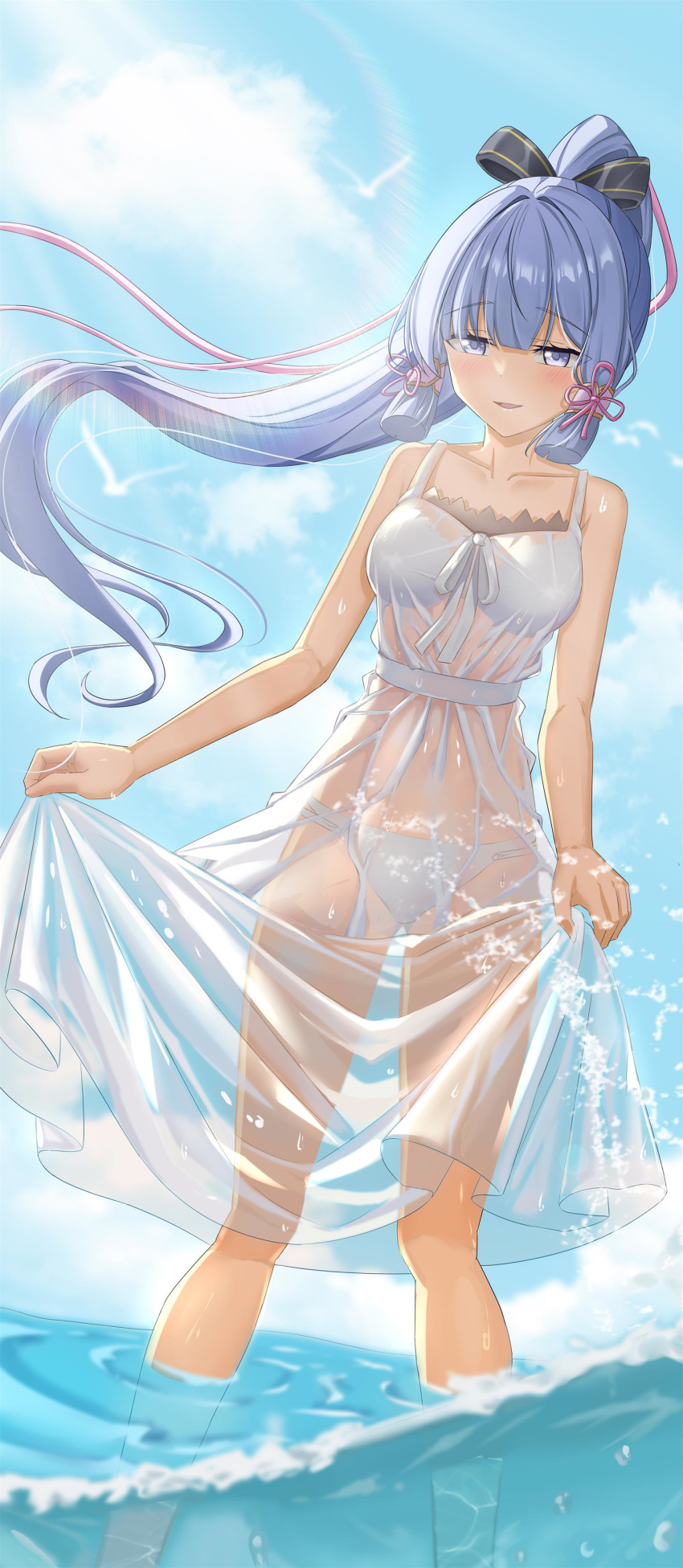 1girl absurdres animal bangs bare_arms bare_shoulders bikini bikini_under_clothes bird blue_hair blue_sky blunt_bangs breasts cloud collarbone commentary_request day dress genshin_impact grey_eyes high_ponytail highres kamisato_ayaka lazy_yuanying looking_at_viewer outdoors parted_lips ponytail see-through skirt_hold sky sleeveless sleeveless_dress small_breasts solo standing swimsuit wading water wet wet_clothes wet_dress white_bikini white_dress