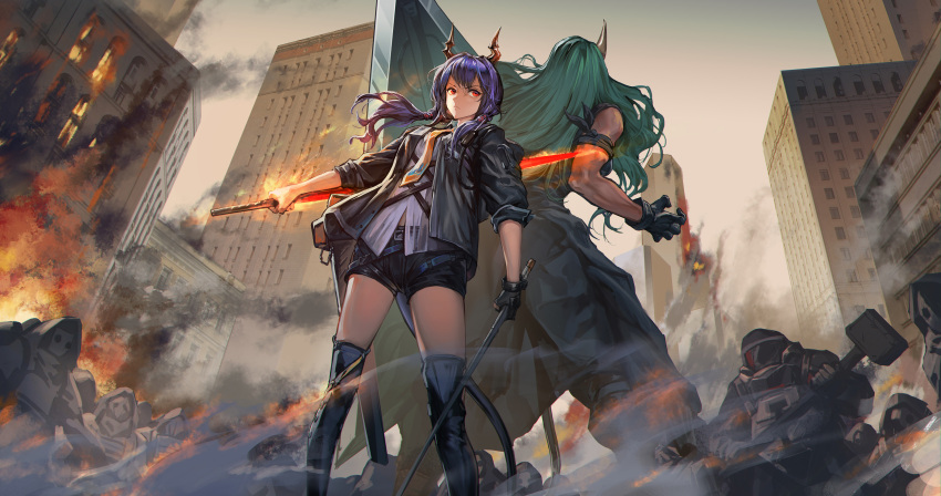 2girls absurdres arknights arm_ribbon arm_scarf baggy_pants black_gloves black_pants black_shorts blue_hair building ch'en_(arknights) collared_shirt dragon_girl dragon_horns dragon_tail dual_wielding fire from_below gloves glowing glowing_sword glowing_weapon green_hair hammer height_difference highres holding holding_hammer holding_shield hood horns hoshiguma_(arknights) low_twintails mask multiple_girls necktie oni_horns pants reunion_soldier_(arknights) reverse_grip ribbon shield shirt shorts single_horn skin-covered_horns sleeves_rolled_up smoke standing tail thighhighs twintails weapon white_shirt yangmie_mieyi yellow_necktie