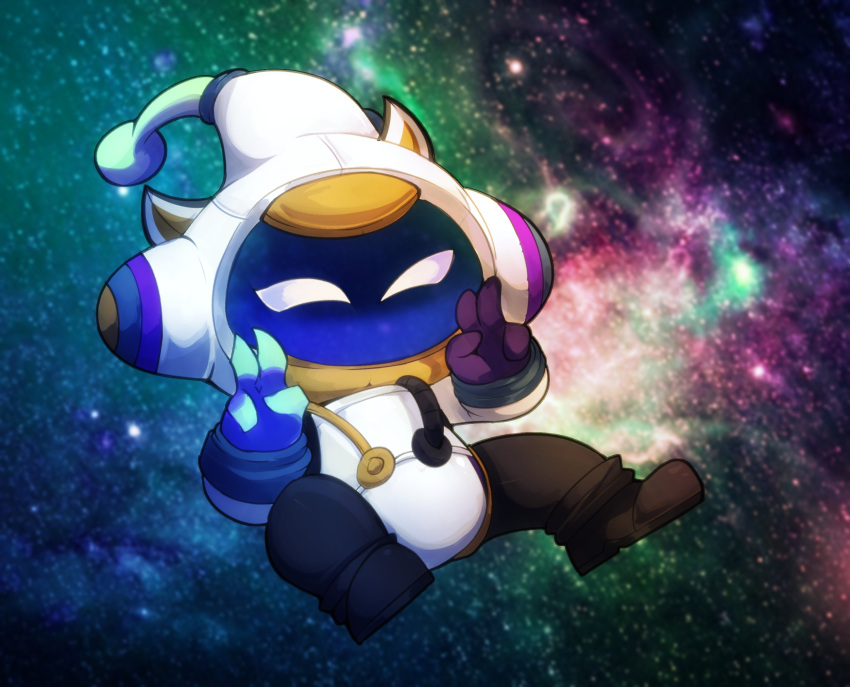 ambiguous_gender anthro boots clothing detailed_background floating footwear gesture gloves handwear hi_res league_of_legends looking_at_viewer male_(lore) obscured_face riot_games smite_(artist) solo space space_helmet spacesuit spread_legs spreading v_sign veigar yordle