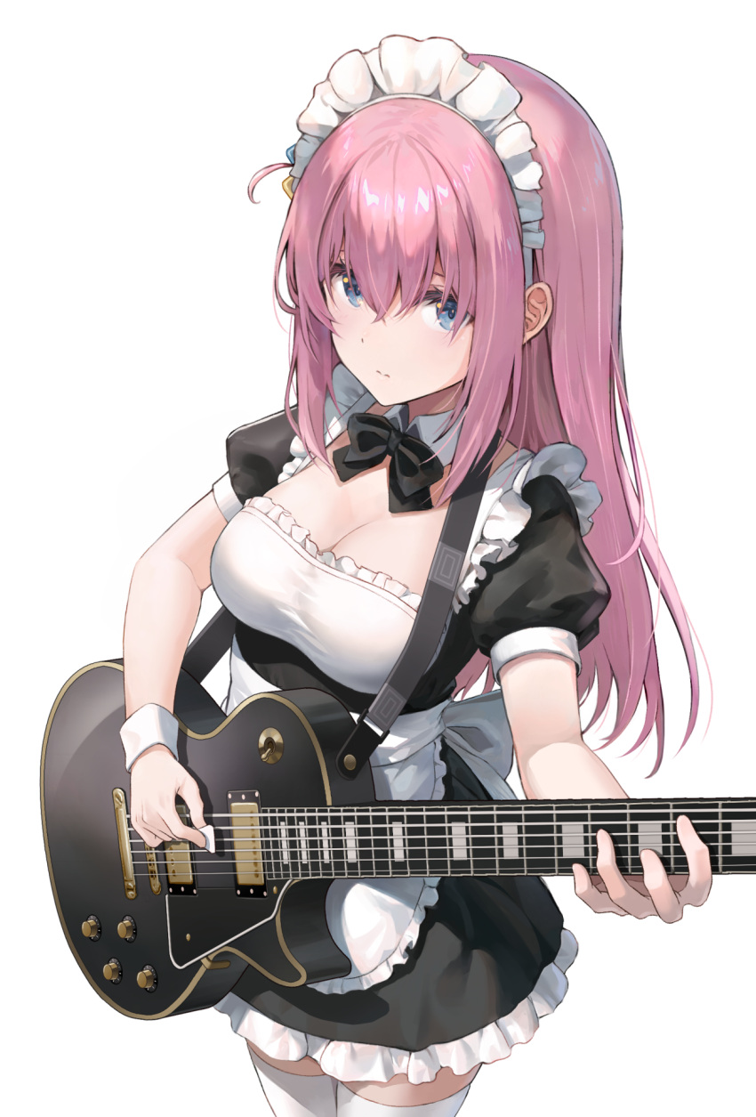 1girl apron back_bow bangs black_bow black_bowtie black_dress blue_eyes bocchi_the_rock! bow bowtie breasts cleavage closed_mouth commentary_request cube_hair_ornament detached_collar dress electric_guitar frills gibson_les_paul gotou_hitori grey_bow guitar hair_between_eyes hair_ornament hands_up highres holding holding_instrument instrument large_breasts long_hair looking_at_viewer maid maid_headdress music pinakes pink_hair playing_instrument puffy_short_sleeves puffy_sleeves short_sleeves sidelocks simple_background solo standing thighhighs white_apron white_background white_thighhighs wrist_cuffs