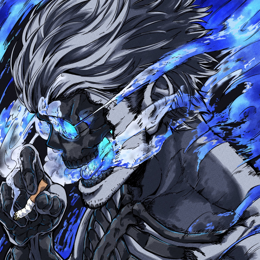 1boy black_skin blue_fire carapace cigarette collarbone colored_skin fire glowing glowing_eyes glowing_glasses glowing_mouth grey_hair highres holding holding_cigarette male_focus original skeleton skull smoking solo steam sunglasses taiju_(gr09kuma) upper_body