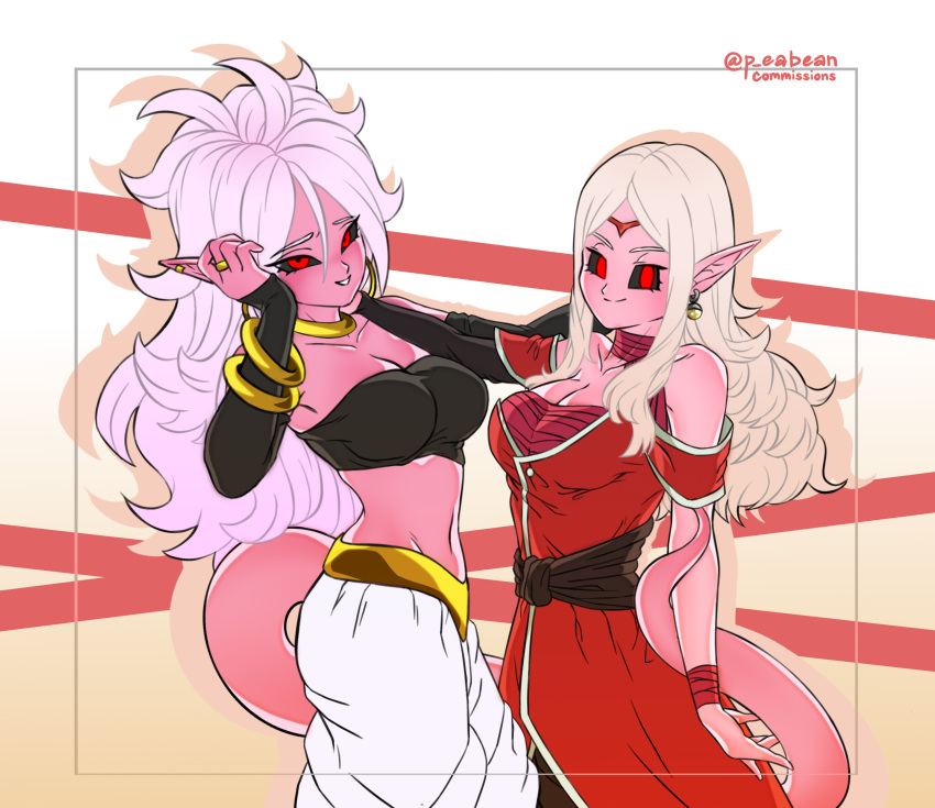 2girls absurdres android_21 arm_warmers asymmetrical_sleeves bandeau black_sclera bracelet breasts chronoa circlet cleavage colored_sclera colored_skin commentary dark_persona dragon_ball dragon_ball_fighterz dragon_ball_heroes dragon_ball_xenoverse earrings english_commentary highres jewelry large_breasts long_hair majin_android_21 multiple_girls navel neck_ring pea-bean pink_hair pink_skin pointy_ears potara_earrings red_eyes ring sidelocks smile tail twitter_username white_hair