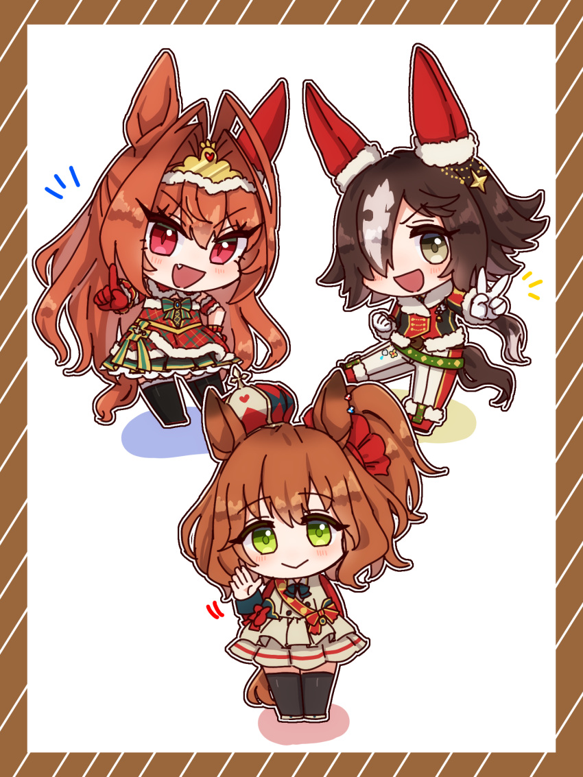 3girls :d animal_ears antenna_hair aston_machan_(umamusume) bangs black_footwear black_hair black_jacket black_thighhighs blush boots border bow brooch brown_border brown_hair chibi clenched_hand closed_mouth commentary_request crown daiwa_scarlet_(scarlet_nuit_etoile)_(umamusume) daiwa_scarlet_(umamusume) detached_sleeves dress fang fur-trimmed_boots fur-trimmed_dress fur-trimmed_jacket fur-trimmed_sleeves fur_trim gloves green_bow green_eyes grey_eyes grey_hair grey_jacket grey_skirt hair_between_eyes hair_intakes hair_over_one_eye hand_up hide_oo highres horse_ears horse_girl horse_tail illuminate_the_heart_(umamusume) index_finger_raised jacket jewelry long_hair long_sleeves looking_at_viewer low_ponytail mini_crown multicolored_hair multiple_girls one_side_up outstretched_arm pants plaid plaid_dress pleated_skirt ponytail red_bow red_dress red_footwear red_gloves red_sleeves skirt smile standing tail thigh_boots thighhighs tilted_headwear two-tone_hair umamusume v v-shaped_eyebrows very_long_hair vodka_(nonfreezing_aqua_vitae)_(umamusume) vodka_(umamusume) white_background white_gloves white_pants