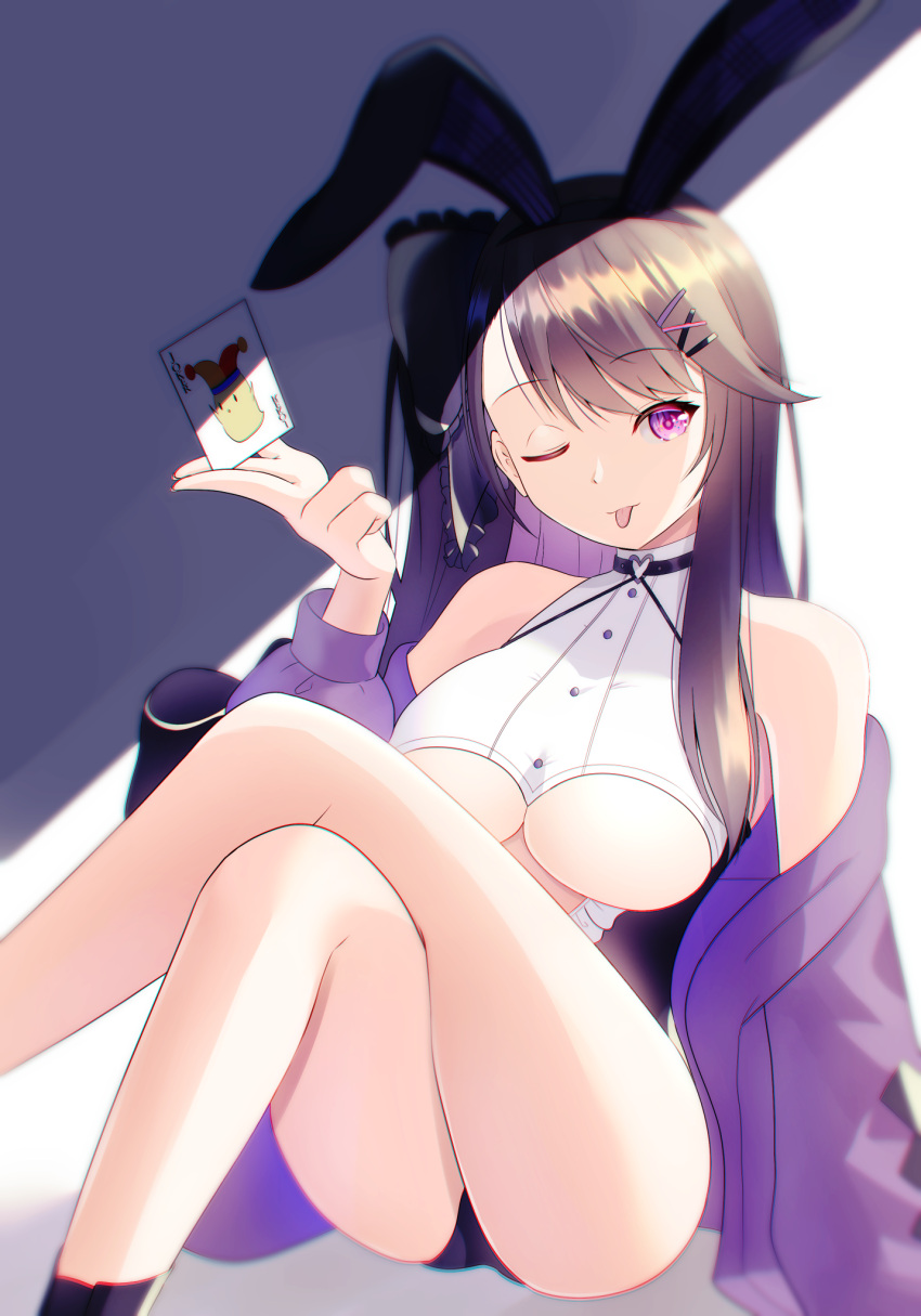 1girl ;d alternate_costume animal_ears arm_behind_back ass azur_lane bare_legs black_choker breasts brown_hair card choker clothing_cutout commentary_request crossed_legs hair_ornament hairclip hand_up heart heart_choker highres holding holding_card jacket jacket_pull joker_(card) knees_up large_breasts legs leotard long_hair long_sleeves looking_at_viewer no_bra off_shoulder one_eye_closed pamiat_merkuria_(azur_lane) pink_eyes playing_card purple_jacket rabbit_ears sitting smile solo tako-san_wiener_(takosanuma) thighs underboob underboob_cutout very_long_hair x_hair_ornament