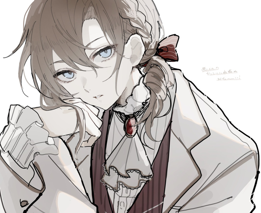 !_(rsa_yuhr) 1boy alternate_costume ascot blue_eyes bow braid brooch brown_hair edgar_valden french_braid frilled_shirt_collar frilled_sleeves frills gem hair_between_eyes hair_bow hand_on_own_face head_rest highres identity_v jacket jewelry looking_at_viewer low_ponytail male_focus parted_lips red_bow red_gemstone red_vest simple_background solo striped striped_bow striped_vest upper_body vertical-striped_vest vertical_stripes vest white_ascot white_background white_jacket