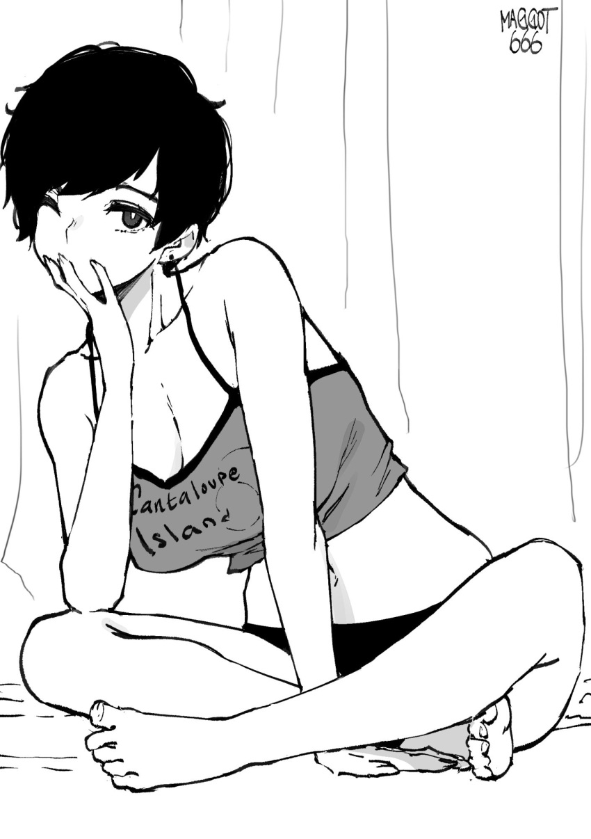1girl artist_name bangs bare_legs bare_shoulders barefoot black_hair black_panties breasts camisole casual cleavage collarbone covering_mouth crop_top earrings greyscale hand_over_own_mouth highres indian_style jewelry large_breasts leaning_to_the_side looking_at_viewer midriff monochrome navel norman_maggot olive_laurentia one_eye_closed original panties pixie_cut short_hair sitting solo swept_bangs toes underwear