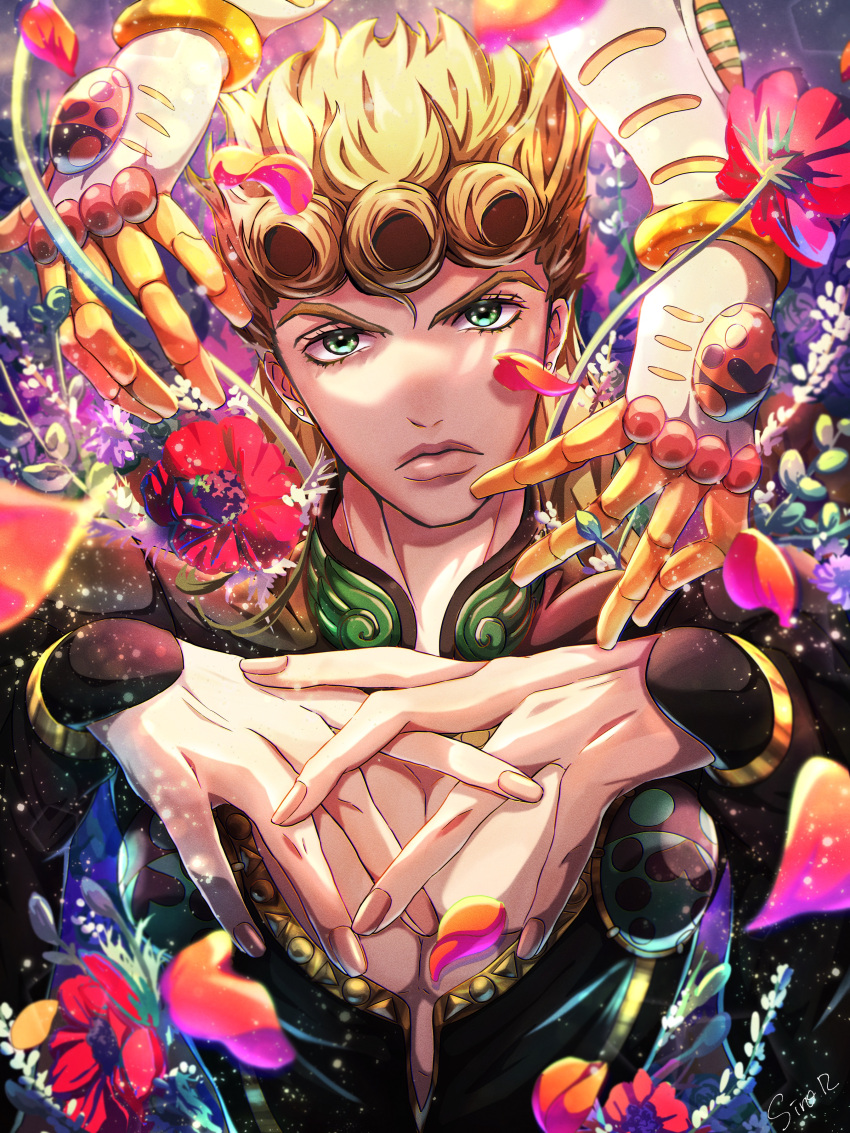 1boy absurdres black_jacket blonde_hair closed_mouth clothing_cutout earrings fingernails flower giorno_giovanna gold_experience green_eyes highres jacket jewelry jojo_no_kimyou_na_bouken lips long_sleeves looking_at_viewer male_focus medium_hair own_hands_together petals red_flower solo stand_(jojo) upper_body vento_aureo watawata_nr_(siroraku)