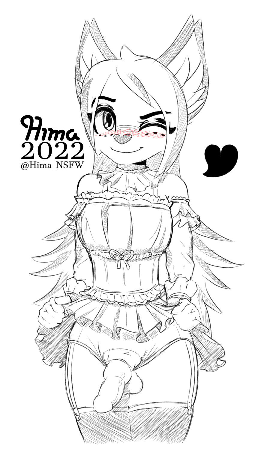 &lt;3 absurd_res anthro black_and_white blush bottomwear canid canine clothed clothing clothing_lift fox genitals gynomorph hi_res hima_nsfw himalaya_(hima_nsfw) intersex knot lingerie maid_uniform mammal monochrome one_eye_closed penis sketch skirt skirt_lift smile solo uniform wink